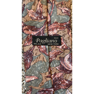 Mens Silk Necktie Pagliano Milan New York Green Brown Earth Tones Floral AOP